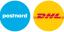 Två cirkelformade logotyper sida vid sida: en blå cirkel med den vita texten "postnord" till vänster och en gul cirkel med den röda texten "DHL" till höger.
