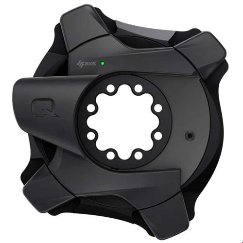 SRAM AXS Power Meter Spider Road är en svart, cirkulär cykeleffektmätare med ett centralt hål, flera ekrar, vinklade geometriska designelement och en liten grön indikatorlampa nära toppen. Kompatibel med ANT+ och Bluetooth.