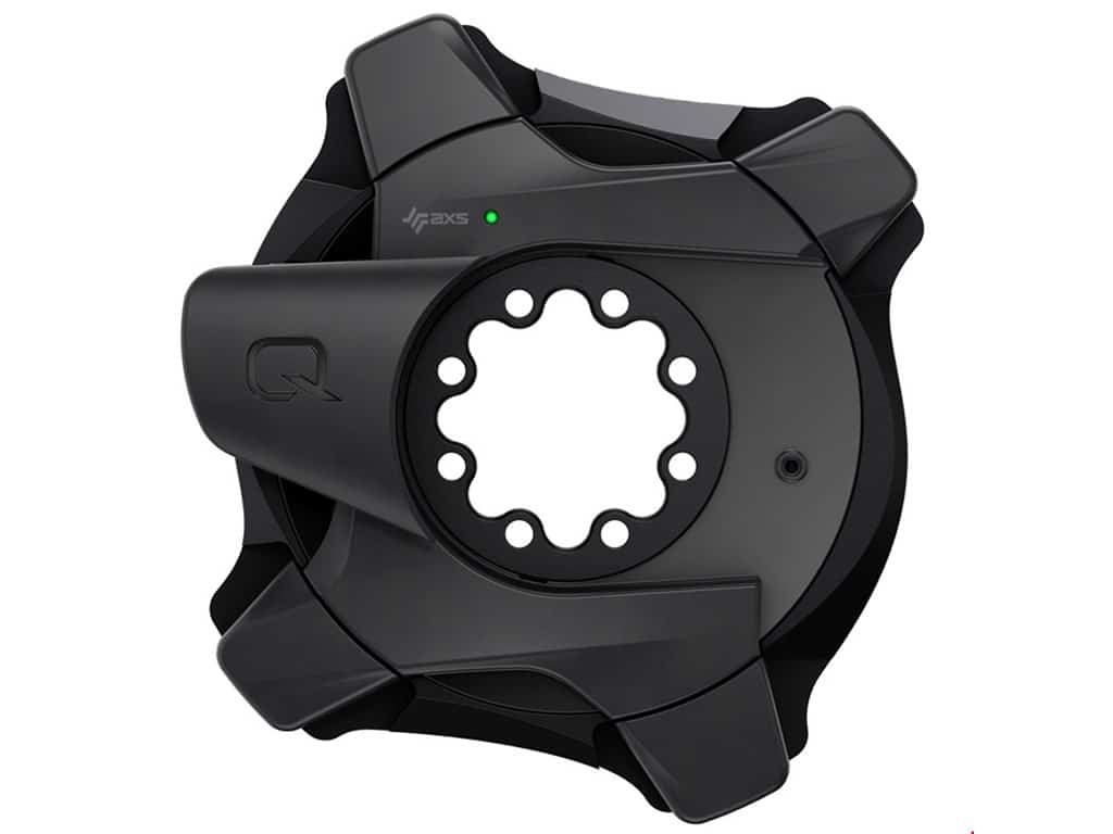 00-3018-229-000.jpg SRAM AXS Power Meter Spider Road är en svart, cirkulär cykeleffektmätare med ett centralt hål, flera ekrar, vinklade geometriska designelement och en liten grön indikatorlampa nära toppen. Kompatibel med ANT+ och Bluetooth.
