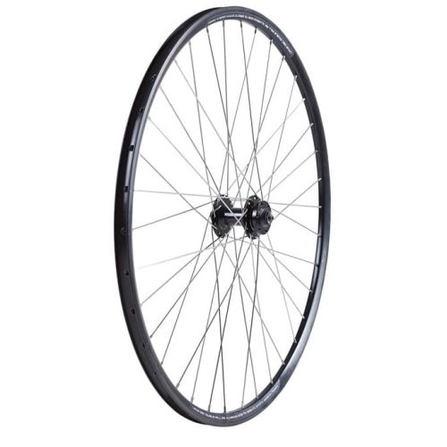 Ett svart cykelhjul med en metallfälg, flera ekrar och ett centralt nav, mot en vit bakgrund.