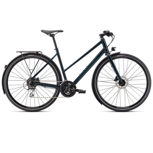 En mörkfärgad step-through hybridcykel med fram- och bakskärmar