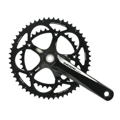 Ett svart SRAM-vevställ för cykel med två kedjehjul och femarmad spindeldesign