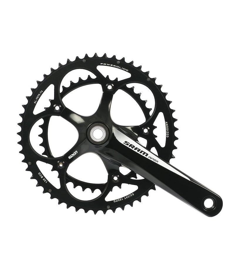 Apex-5339-svart.jpg Ett svart SRAM-vevställ för cykel med två kedjehjul och femarmad spindeldesign, med "SRAM"-logotypen i vitt på vevarmen, mot en vit bakgrund.