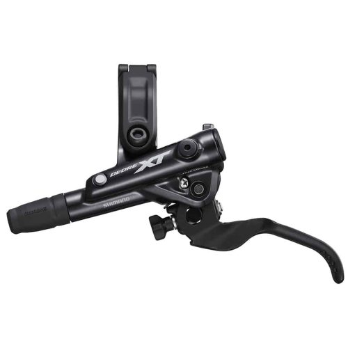En svart Shimano Deore XT hydraulisk skivbromsspak för cykel visas mot en vit bakgrund. Spaken är utsträckt utåt och monteringsfästet syns upptill.