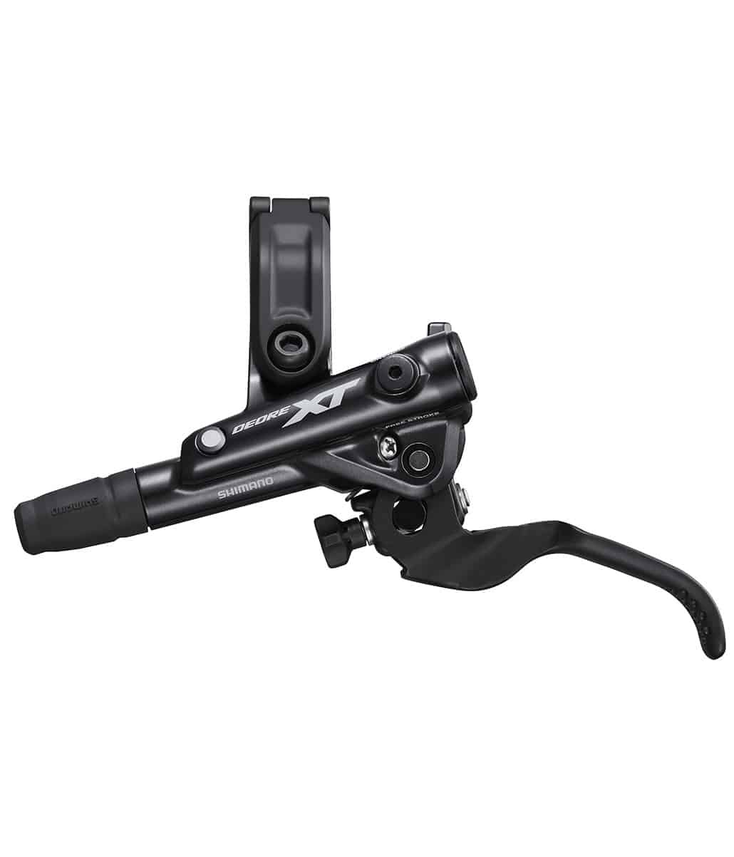 BL-M8100-L.jpg En svart Shimano Deore XT hydraulisk skivbromsspak för cykel visas mot en vit bakgrund. Spaken är utsträckt utåt och monteringsfästet syns upptill.