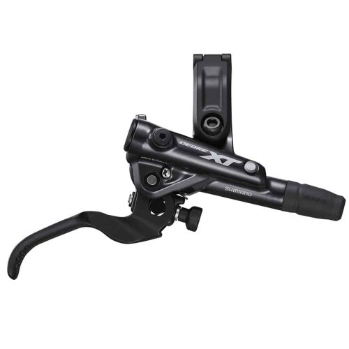 En svart Shimano XT hydraulisk cykelbromsspak och huvudcylinderenhet, sedd från sidan, som visar spaken, justeringsratten och monteringsfästet.