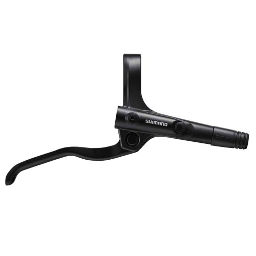 En svart Shimano-bromsspak för cykel med enkel, ergonomisk design, sedd från sidan mot en vit bakgrund.