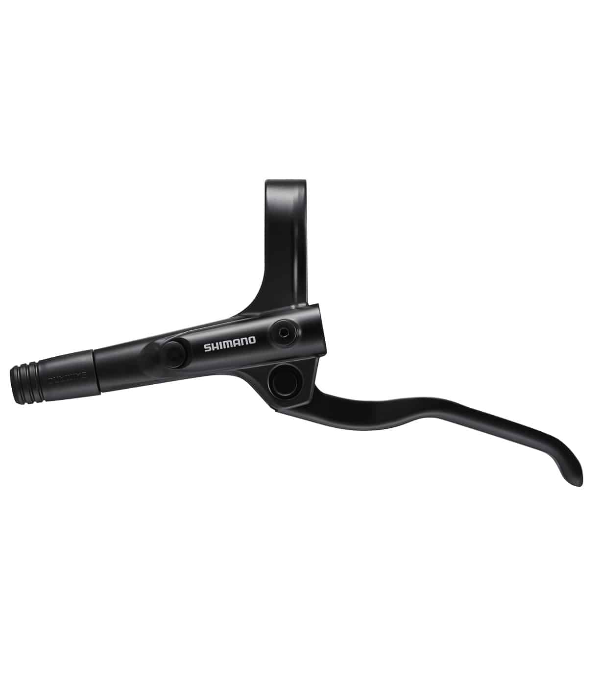 BLMT200-frambrosreglage.jpg En svart Shimano-bromsspak för cykel med ett smalt, avlångt handtag och cylindrisk monteringsdel, fotograferad mot en vit bakgrund.