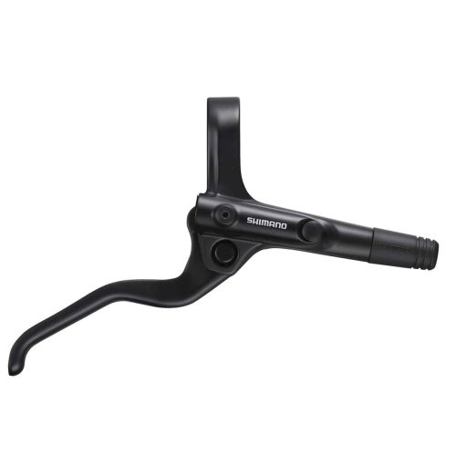 En svart Shimano cykelbromsspak med en elegant, strömlinjeformad design, visad mot en vit bakgrund. Spaken är utformad för montering på styret och är försedd med Shimanos logotyp.