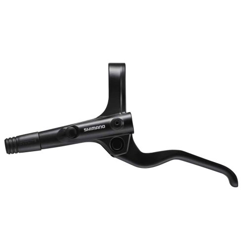 En svart Shimano cykelbromsspak visas mot en vit bakgrund, sedd från sidan. Spakarmen böjer sig nedåt och Shimano-logotypen är tryckt på huvuddelen.