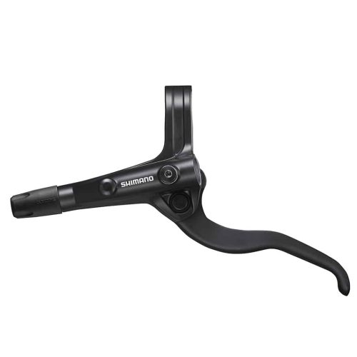 En svart Shimano-cykelbromsspak visas mot en vit bakgrund och visar dess sidoprofil med en synlig justerskruv och Shimano-logotypen tryckt på spakens kropp.