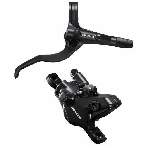 En svart Shimano hydraulisk skivbromssats för cykel, som visar en bromshandtag och ett bromsok med Shimano-logotypen synlig på båda komponenterna, placerad mot en vit bakgrund.