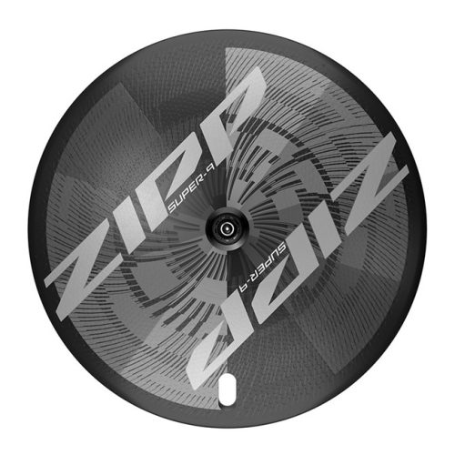 Vy uppifrån och ned på ett Zipp Super-9 skivhjul för cykel, med kolfiberfinish med geometriska mönster och stort "ZIPP SUPER-9"-märke i silverbokstäver över hela ytan.