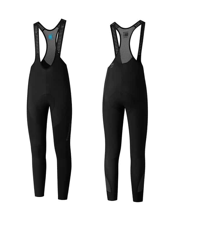 Beaufort-Caldo.jpg Fram- och bakifrån på ett par svarta cykeltights med axelremmar i mesh, vadderad sittyta och minimalistiska sömmar, mot en vit bakgrund.