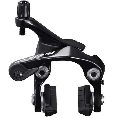 En närbild av ett svart Shimano 105-bromsok för cykel, som visar dess design med dubbla pivoter och två bromsbelägg.