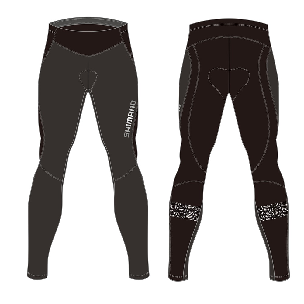 Byxa-Kaede.jpg Vy framifrån och bakifrån av ett par långa, svarta cykeltights med vita sömmar, paneldetaljer och ordet "SHIMANO" tryckt vertikalt på höger höft.