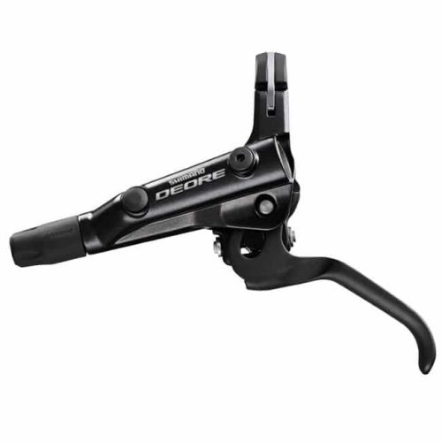 En svart Shimano Deore cykelbromshandtag mot en vit bakgrund