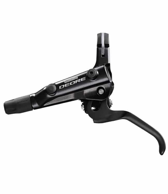 Deore-BLM6000-Reglage.jpg En svart Shimano Deore cykelbromshandtag mot en vit bakgrund, med varumärkesnamn och modell, med en monteringsklämma och en böjd handtagsarm.