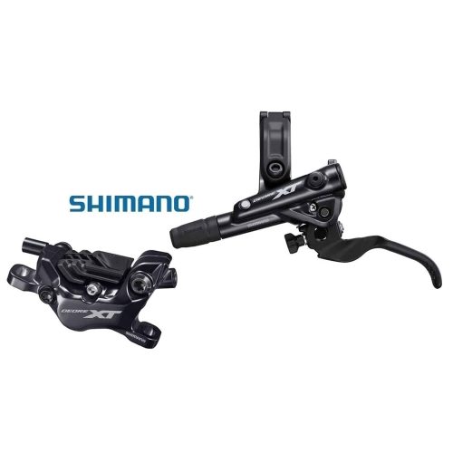 En hydraulisk Shimano XT-skivbromssats visas, med en bromshandtagsenhet och ett bromsok. Komponenterna är svarta med Shimano- och XT-logotyperna synliga.