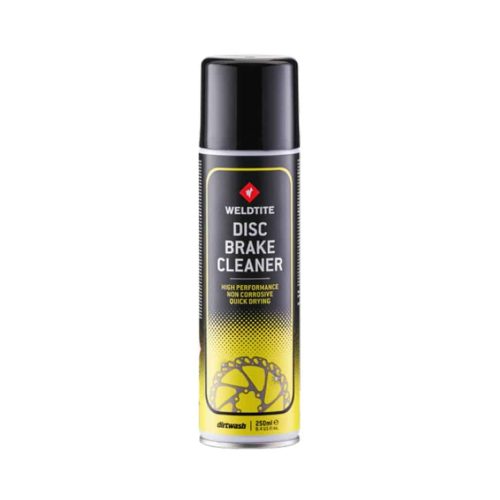 En hög burk med Weldtite Disc Brake Cleaner med svart lock och gul etikett, med en skivbromsgrafik och produktinformation på framsidan.