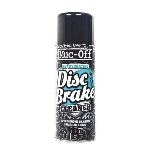 En burk Muc-Off Re-Hydrating Disc Brake Cleaner med svart lock och detaljerad svartvit etikett som anger att den snabbt avlägsnar olja, fett, bromsvätska och smuts.