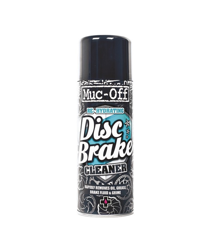 Disc-Brake-cleaner.jpg En burk Muc-Off Re-Hydrating Disc Brake Cleaner med svart lock och detaljerad svartvit etikett som anger att den snabbt avlägsnar olja, fett, bromsvätska och smuts.