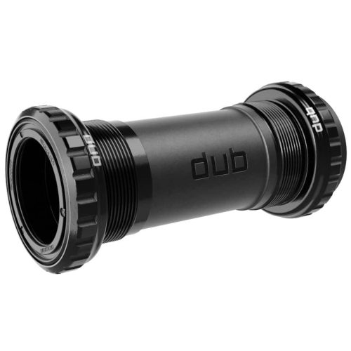 Ett cykelfäste i svart metall med gängade kopplingar i båda ändar och ordet "dub" tryckt i mitten, placerat mot en vit bakgrund.