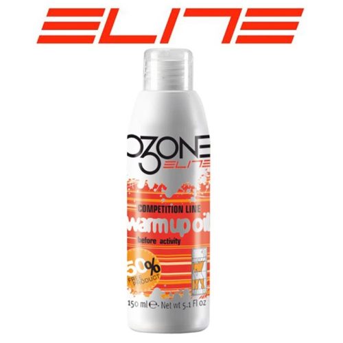 En vit flaska med Ozone Elite Competition Line Warm Up Oil, 150 ml, med orange och röd grafik och text, placerad framför en röd "ELITE"-logotyp mot en vit bakgrund.