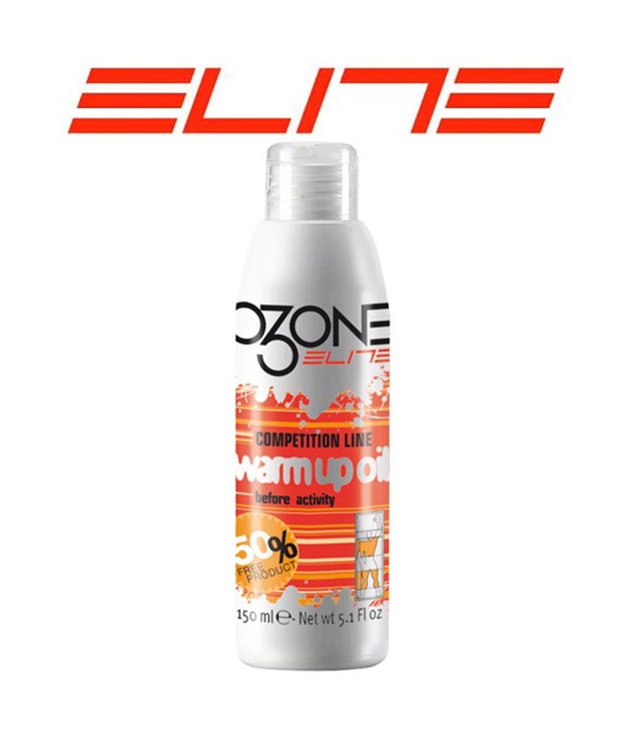 Elite-Ozone-warm-up-oil-i-flaska-150-ml.jpg En vit flaska med Ozone Elite Competition Line Warm Up Oil, 150 ml, med orange och röd grafik och text, placerad framför en röd "ELITE"-logotyp mot en vit bakgrund.