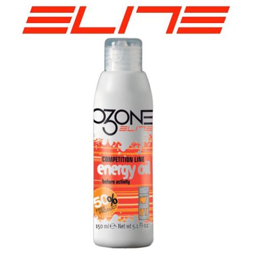 En 150 ml flaska Ozone Elite Competition Line Energy Oil visas med en orange och vit etikett. Ordet "ELITE" står med fetstilta röda bokstäver ovanför flaskan.