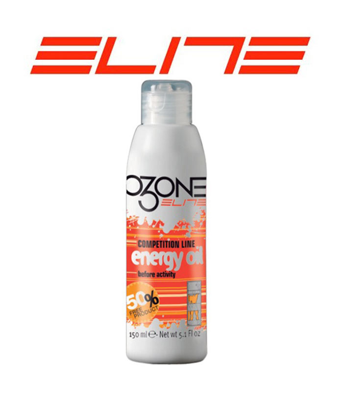 Elite-ozone-Energy-Oil-150-ml-motverka-kramp.jpg En 150 ml flaska Ozone Elite Competition Line Energy Oil visas med en orange och vit etikett. Ordet "ELITE" står med fetstilta röda bokstäver ovanför flaskan.