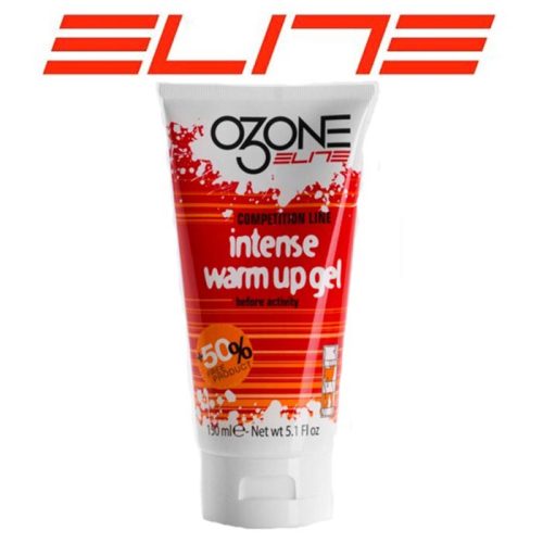 En tub märkt "Ozone Elite Intense Warm Up Gel" med röd och vit förpackning, som visar produktnamnet och påståendet "50% hot action", är placerad framför en fet, röd "ELITE"-logotyp.