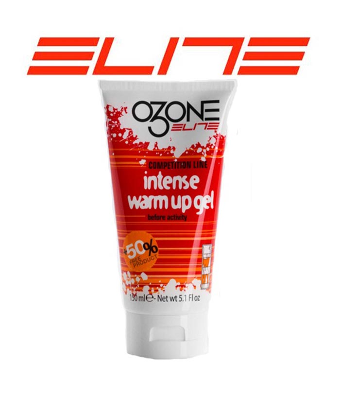 Elite-ozone-Intense-warm-up-gel-har-en-forstarkt-varmeeffekt.jpg En tub märkt "Ozone Elite Intense Warm Up Gel" med röd och vit förpackning, som visar produktnamnet och påståendet "50% hot action", är placerad framför en fet, röd "ELITE"-logotyp.