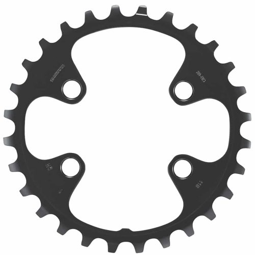 En svart cykelkedjekrans med fyra monteringshål och jämnt fördelade tänder runt kanten, sedd uppifrån mot en vit bakgrund.
