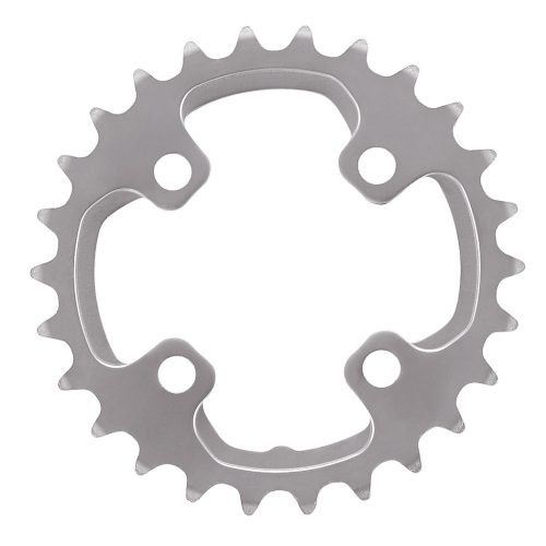 En cykelkedja i silvermetall med 22 tänder och fyra bulthål, isolerad på en vit bakgrund.