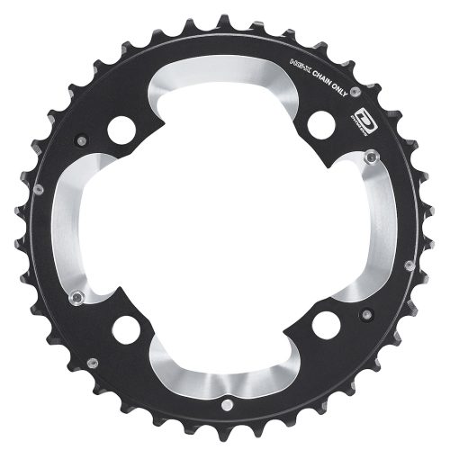 En svart och silverfärgad cykelkedjekrans med jämnt fördelade tänder runt kanten och fyra stora monteringshål nära mitten. Texten "10/11-SP. CHAIN ONLY" är tryckt längst upp till höger.