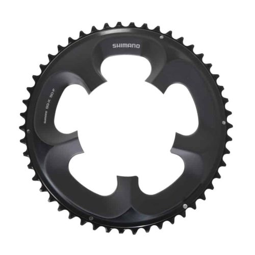 En svart Shimano cykelkedjekrans med 50 tänder, med fyra stora utskurna sektioner och en matt finish, sedd uppifrån mot en vit bakgrund.
