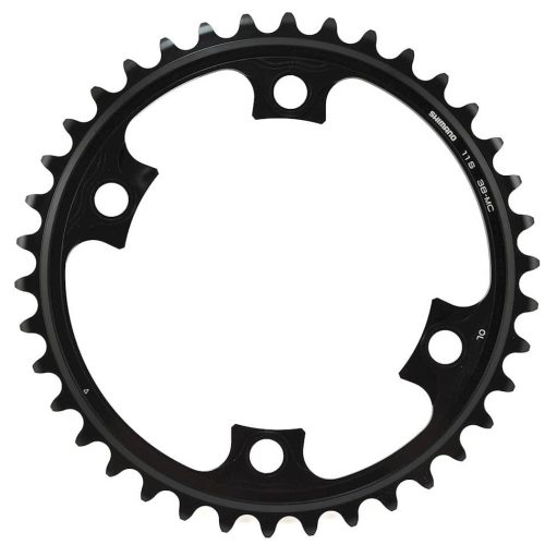 En svart cykelkedjekrans med 32 tänder och fyra bulthål, sedd uppifrån mot en vit bakgrund. Kedjeringen har markeringar längs kanten som anger storlek och märke.