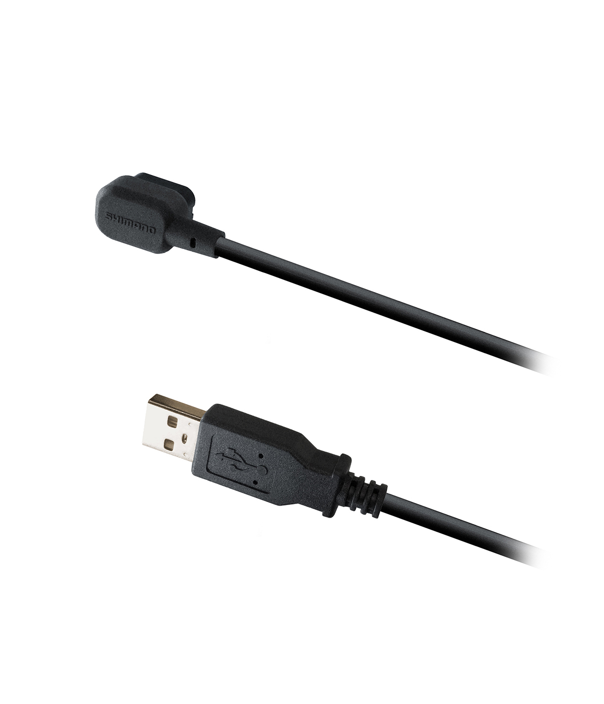 Laddningskabel-1700mm-EW-EC300.png En svart Shimano-märkt kabel med en USB-A-kontakt i ena änden och en egenutvecklad vinklad kontakt i den andra änden, mot en vit bakgrund.