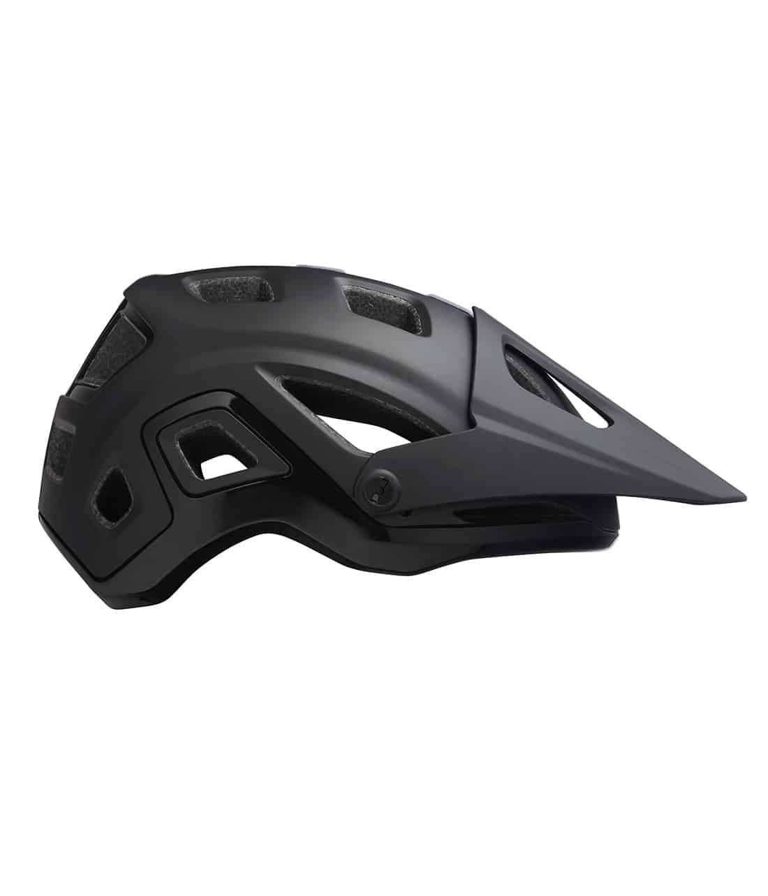Lazer-Impala-Mips-svart.jpg En mattsvart cykelhjälm med visir och flera ventilationshål, fotograferad från sidan mot en vit bakgrund.