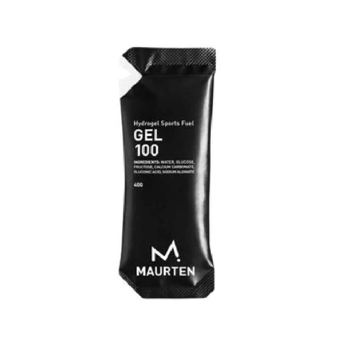 Ett svart paket märkt "MAURTEN GEL 100 Hydrogel Sports Fuel" med ingredienser och näringsinformation listade på framsidan. Förpackningen har ett vitt hörn längst upp till vänster.