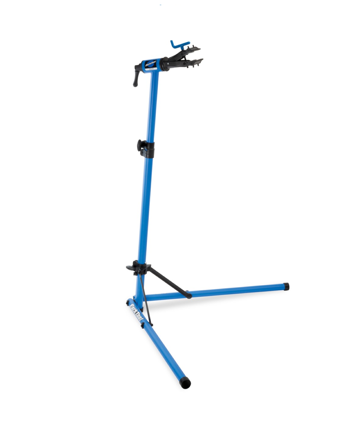 Mekstall-9.3.png Blått och svart cykelreparationsställ med trefotsbas, justerbar klämma och höjdjusteringsratt. Stativet är fristående mot en vit bakgrund.