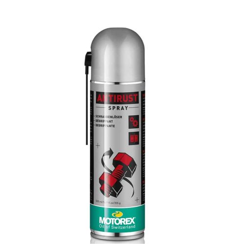 En silverfärgad burk med Motorex Antitrust Spray och en svart och röd etikett med illustrationer av kugghjul och text. På burken finns ett spraymunstycke och Motorex-logotypen längst ned.
