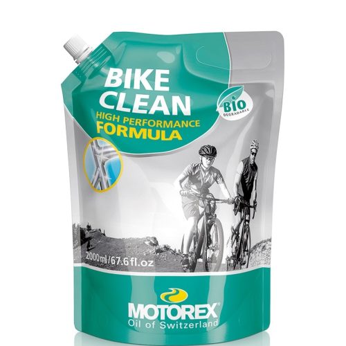 En 2000 ml Motorex Bike Clean-påse har en grön och grå design med bilder av två cyklister och text som lyfter fram "High Performance Formula" och "Bio degradable".