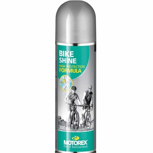 En 300 ml sprayburk med Motorex Bike Shine med silverlock. Etiketten visar två cyklister och har text som marknadsför en högskyddsformel. Motorex logotyp och "Oil of Switzerland" visas längst ner.