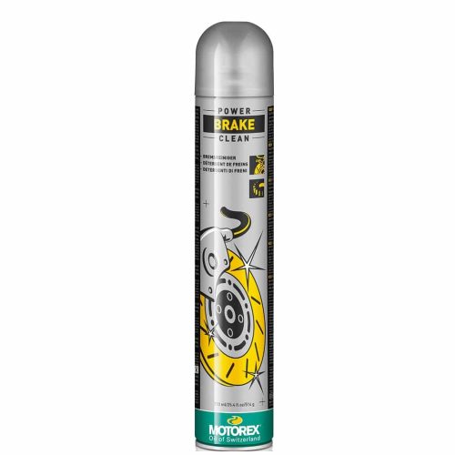 En hög silverfärgad aerosolburk märkt "Power Brake Clean" från Motorex, med en illustration av en bromsskiva och ett bromsok på framsidan.