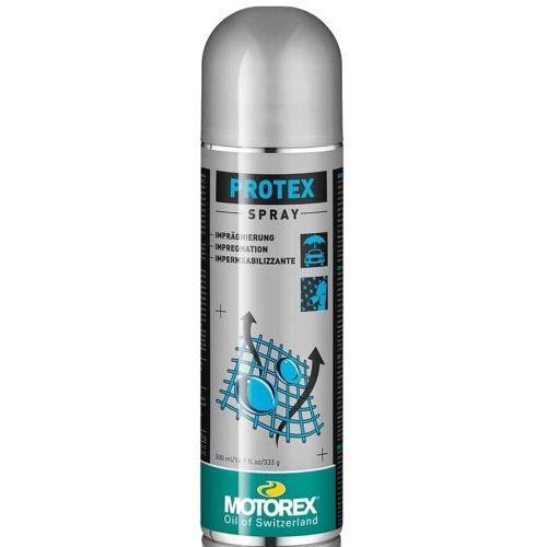 En silverfärgad och grå aerosolburk märkt "Protex Spray" av Motorex, Oil of Switzerland. Burken har grafik som anger skydd för textilier och läder och har en blå och svart design med flera språk.
