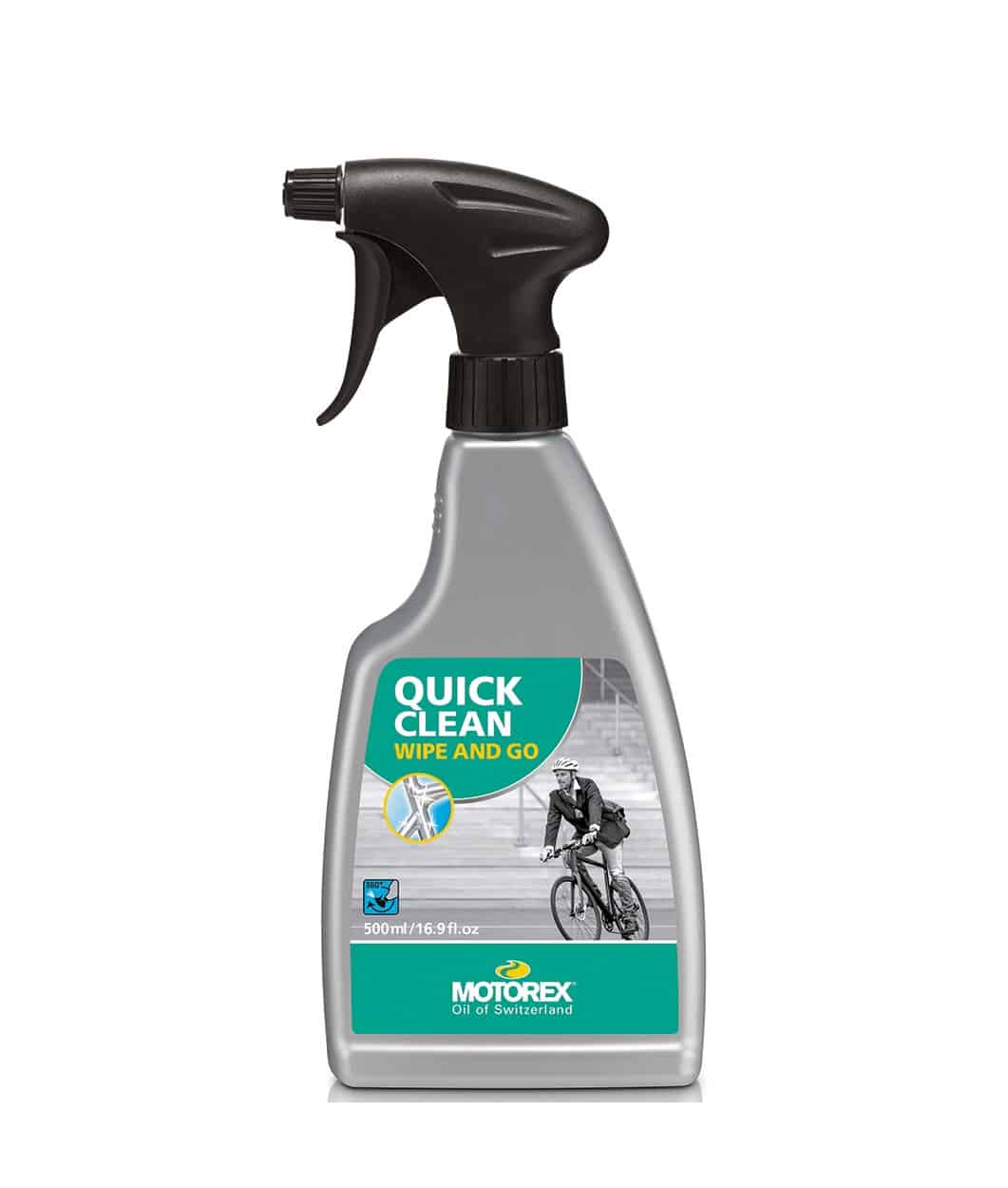 Motorex-Quickclean-500ml.jpg En silverfärgad sprayflaska märkt "Quick Clean Wipe and Go" från Motorex, med en cyklistillustration på framsidan och ett svart spraymunstycke med trigger. Flaskan har en kapacitet på 500 ml.