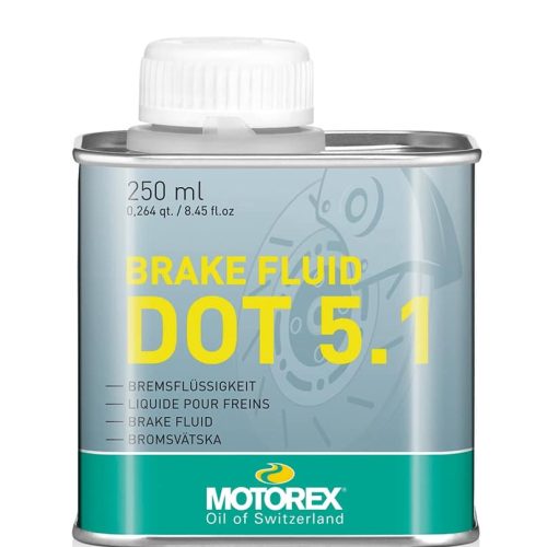 En rektangulär metalldunk med vitt skruvlock märkt "Motorex DOT 5.1 Brake Fluid" i gul och vit text, med en kapacitet på 250 ml. Burken har en blå och grön design med text på flera språk.