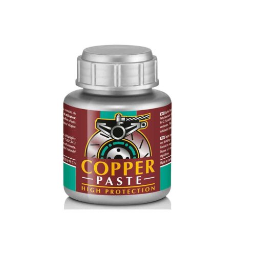 En liten metallflaska märkt "Copper Paste High Protection" med en bild av en mekanisk del på framsidan och ytterligare text på sidorna, mot en vit bakgrund.